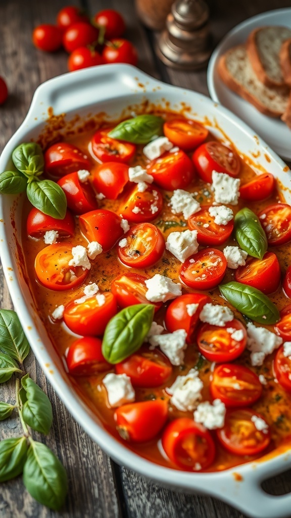 Baked Tomato and Feta Dish Baked cherry tomatoes and feta cheese in a dish, garnished with basil, served with crusty bread.